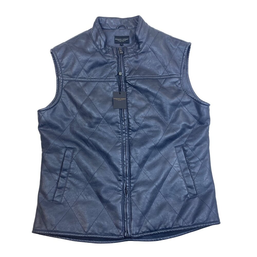Pronto Uomo Mens Black Faux Leather Quilted Vest With Pockets Sz L - New